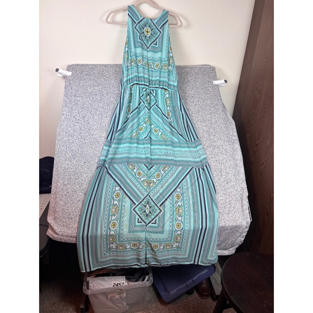 New York & Company Maxi Dress Women L Turquoise Geometric Halter Romper Lining - Picture 7 of 9